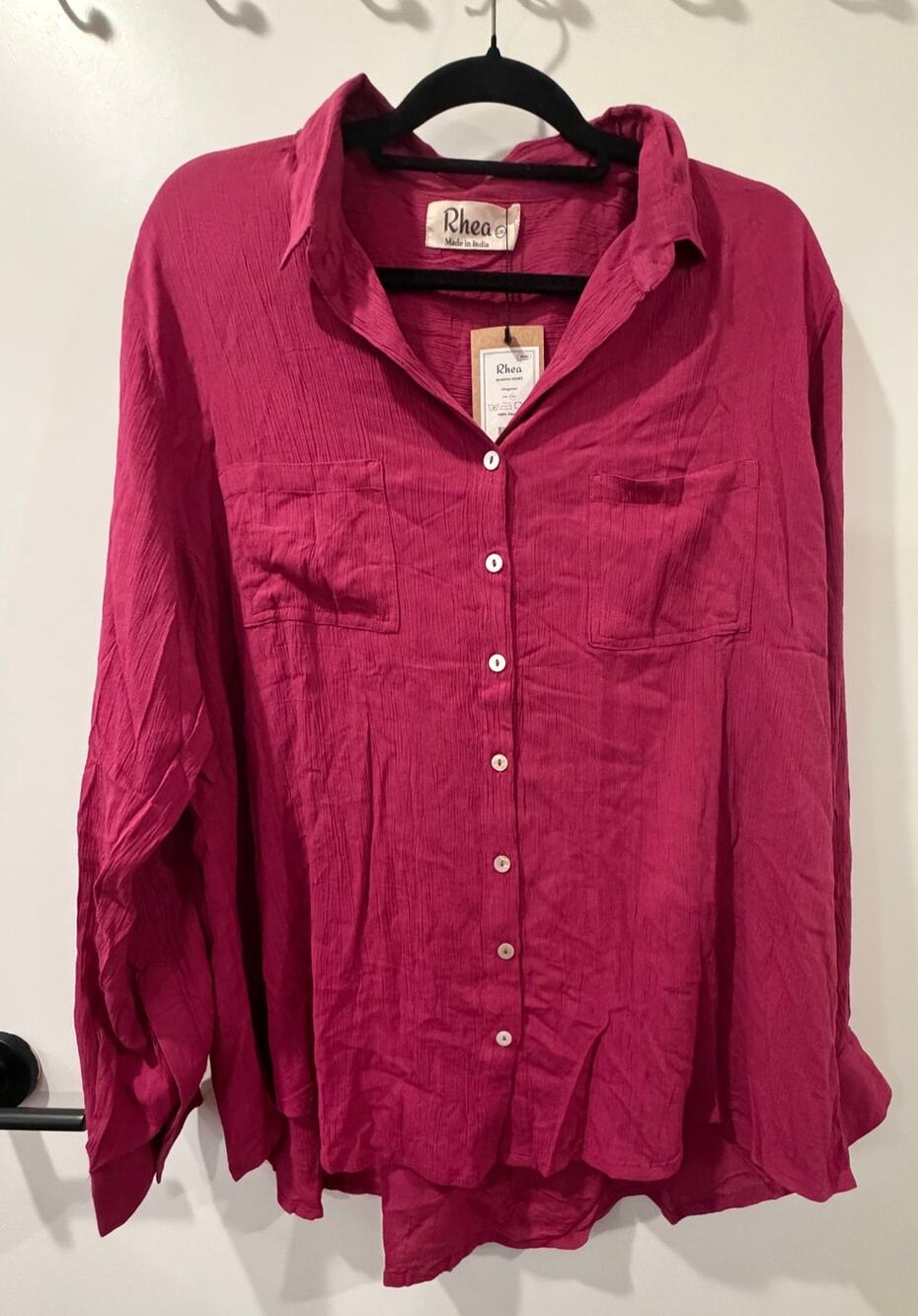 Rhea Bohemian 100% Viscose Magenta Button Down Blouse Loose Fit Flowy